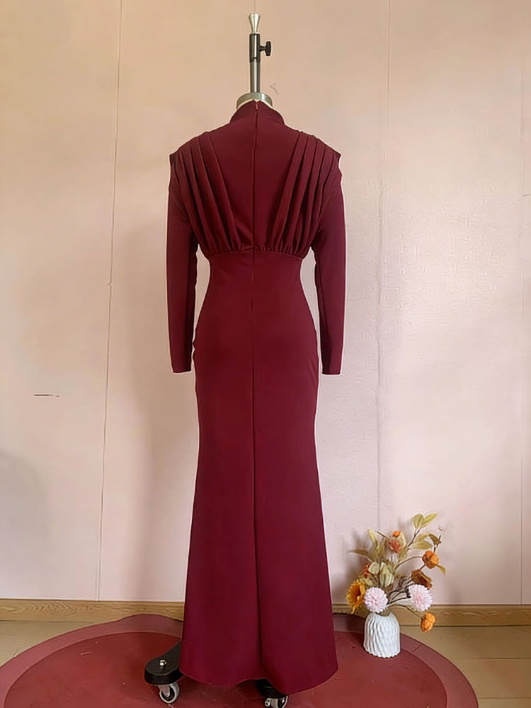 TWOTWINSTYLE Stand Collar Long Sleeve Ruched Vintage Dress
