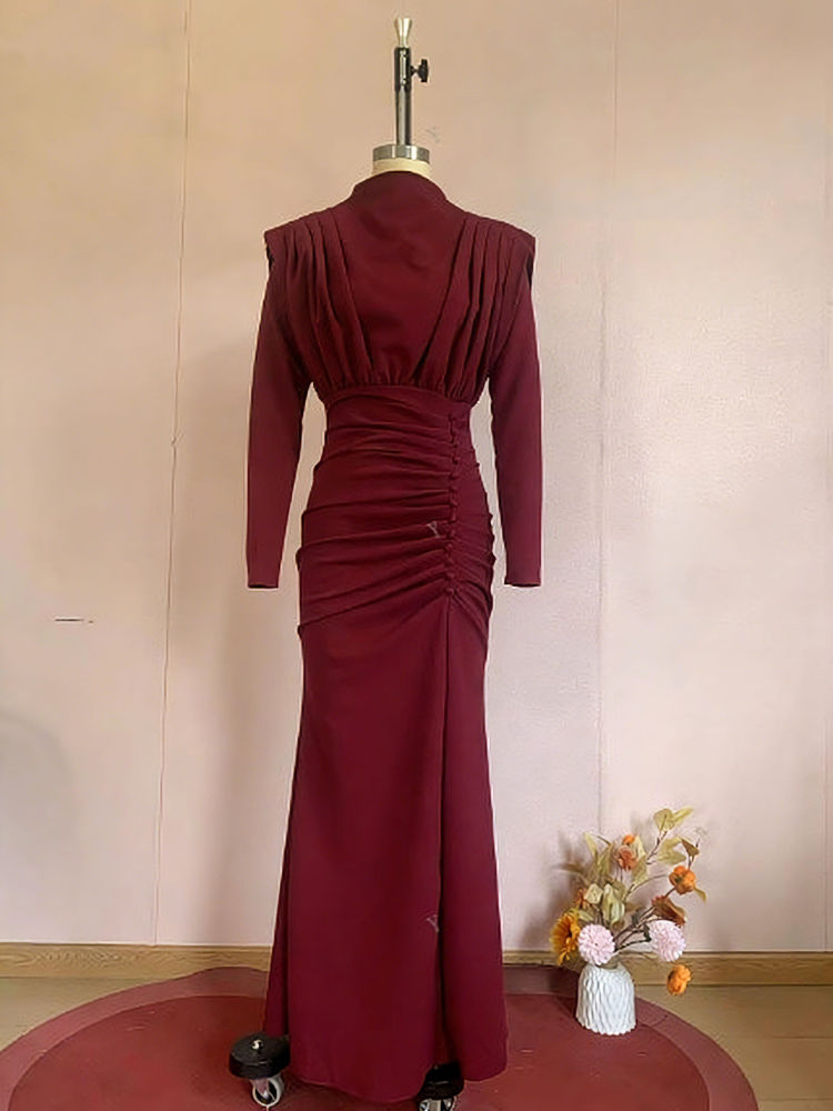 TWOTWINSTYLE Stand Collar Long Sleeve Ruched Vintage Dress