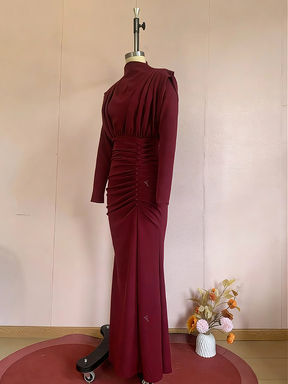 TWOTWINSTYLE Stand Collar Long Sleeve Ruched Vintage Dress