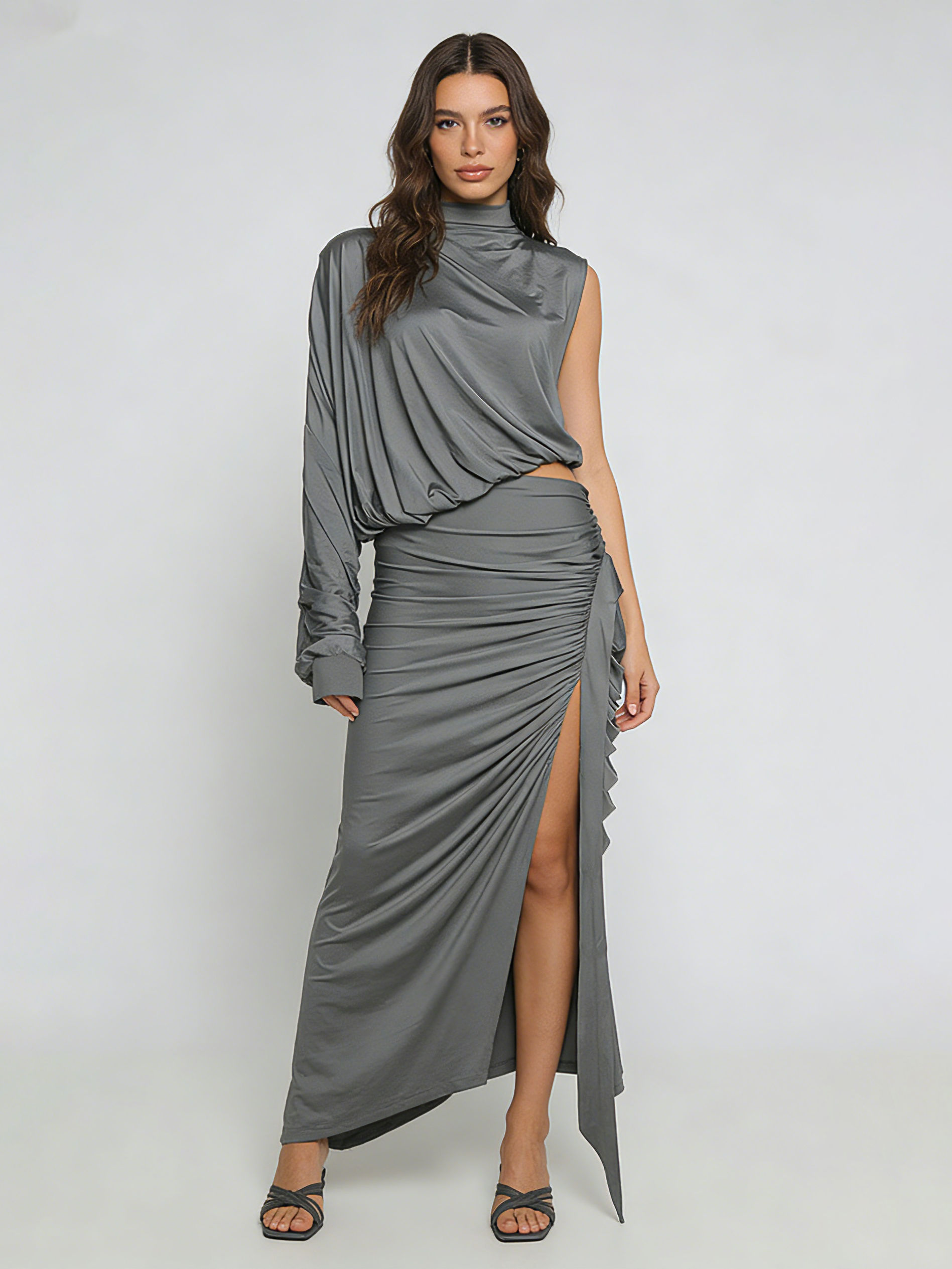 TWOTWINSTYLE Stand Collar Off One Shoulder Top Side Split Skirt Chic Set