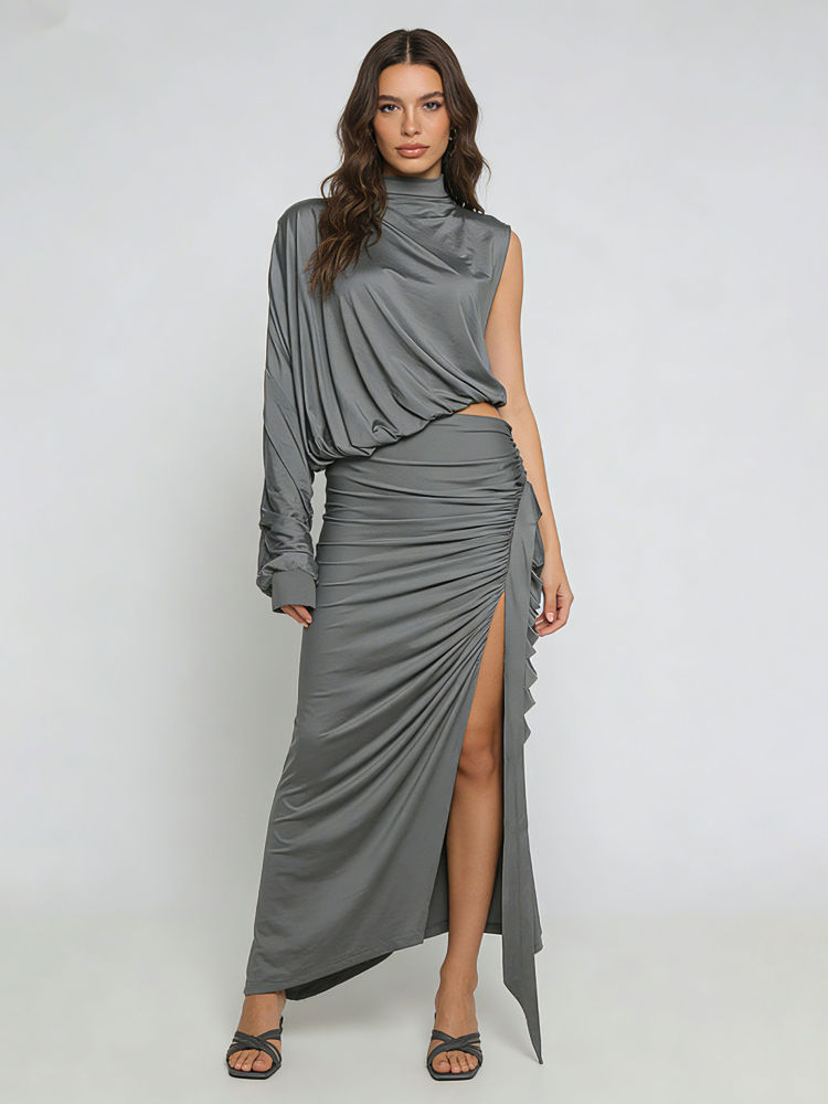 TWOTWINSTYLE Stand Collar Off One Shoulder Top Side Split Skirt Chic Set