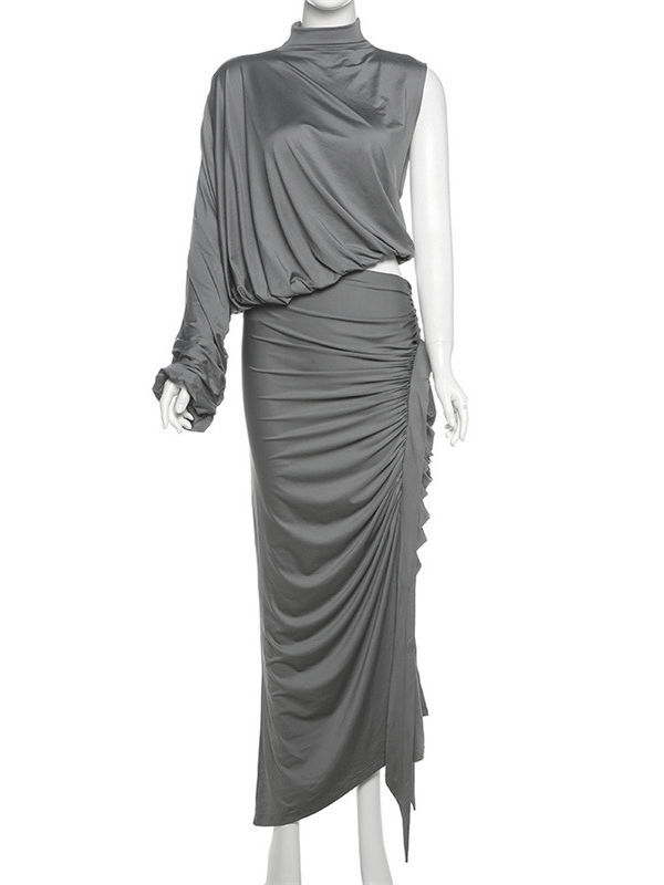 TWOTWINSTYLE Stand Collar Off One Shoulder Top Side Split Skirt Chic Set