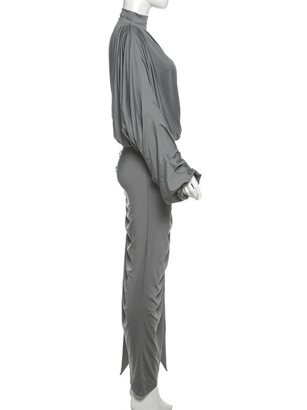 TWOTWINSTYLE Stand Collar Off One Shoulder Top Side Split Skirt Chic Set