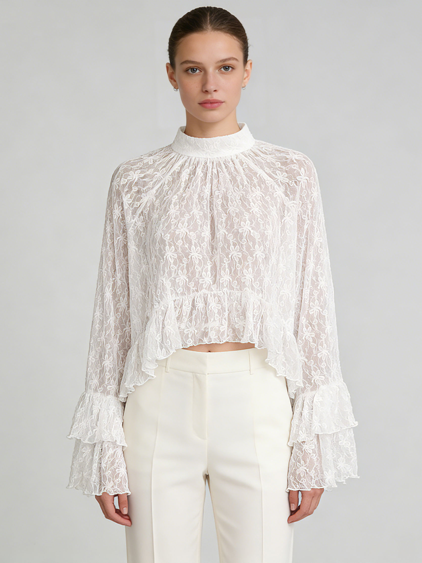 TWOTWINSTYLE Stand Collar Patchwork Ruffles Lace Designer Shirt
