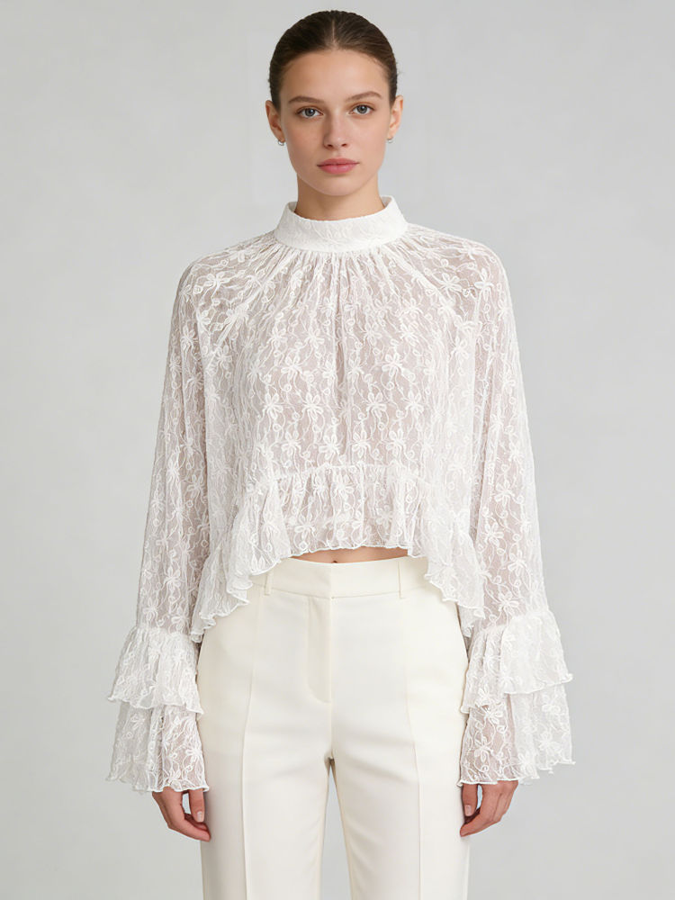 TWOTWINSTYLE Stand Collar Patchwork Ruffles Lace Designer Shirt