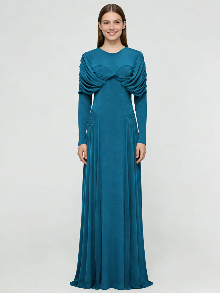 TWOTWINSTYLE Round Neck Long Sleeve Ruched Fashion Dress