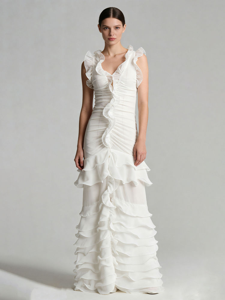 TWOTWINSTYLE V Neck Sleeveles Spliced Ruffles Elegant Dress