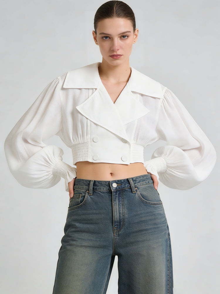 TWOTWINSTYLE Lapel Puff Sleeve Tunic Casual Crop Jacket