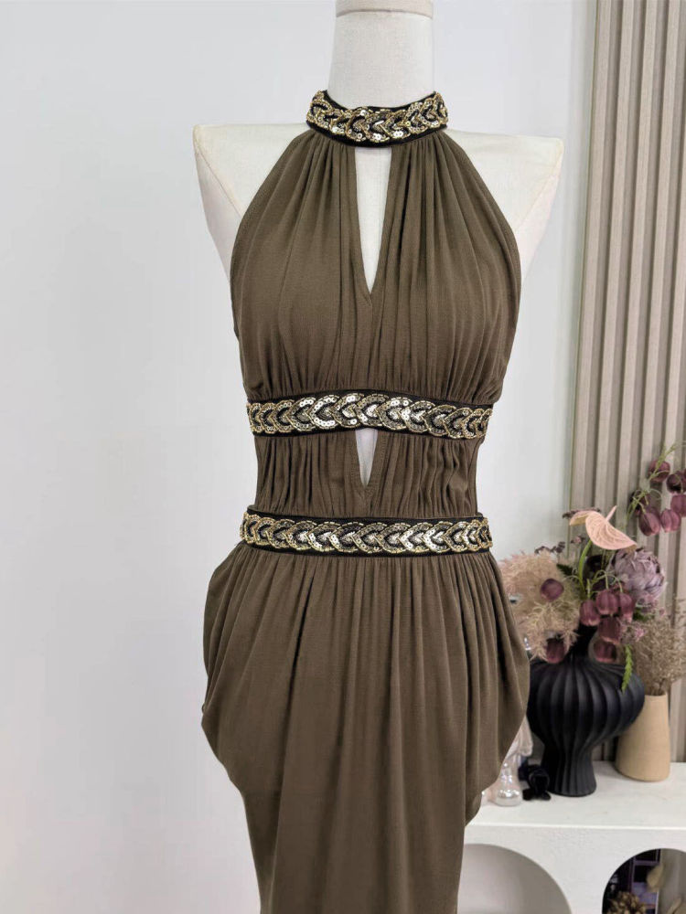 TWOTWINSTYLE Off Shoulder Hollow Out Spliced Sequins Vintage Dress