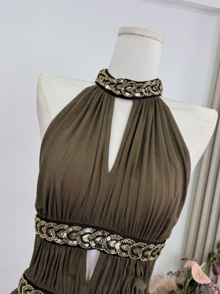 TWOTWINSTYLE Off Shoulder Hollow Out Spliced Sequins Vintage Dress