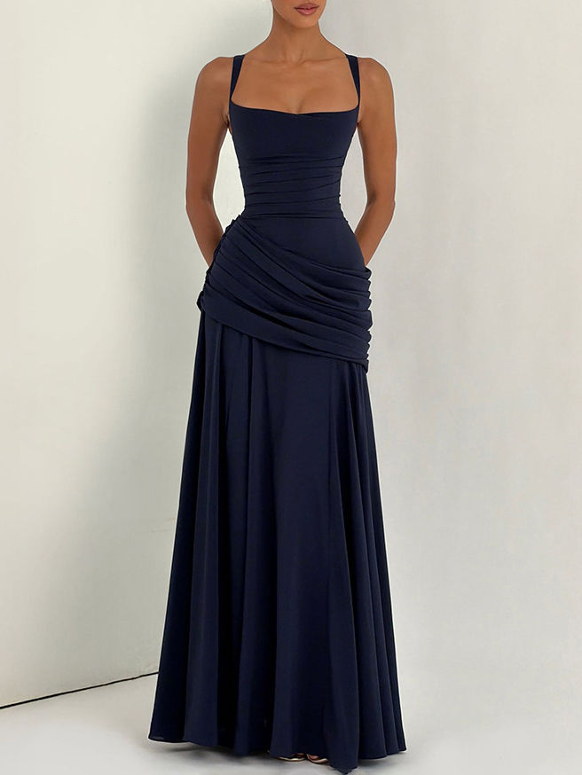 TWOTWINSTYLE Off Shoulder Tunic Pleated Maxi Dress