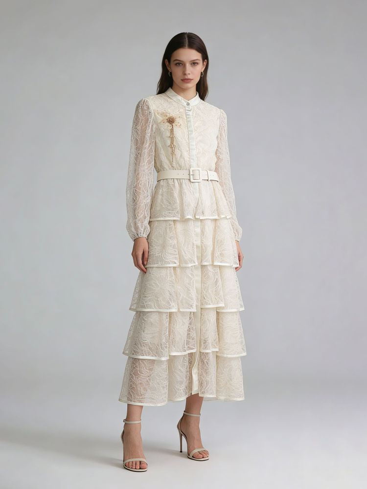 TWOTWINSTYLE Round Neck Patchwork Belt Lace Fashion Dress