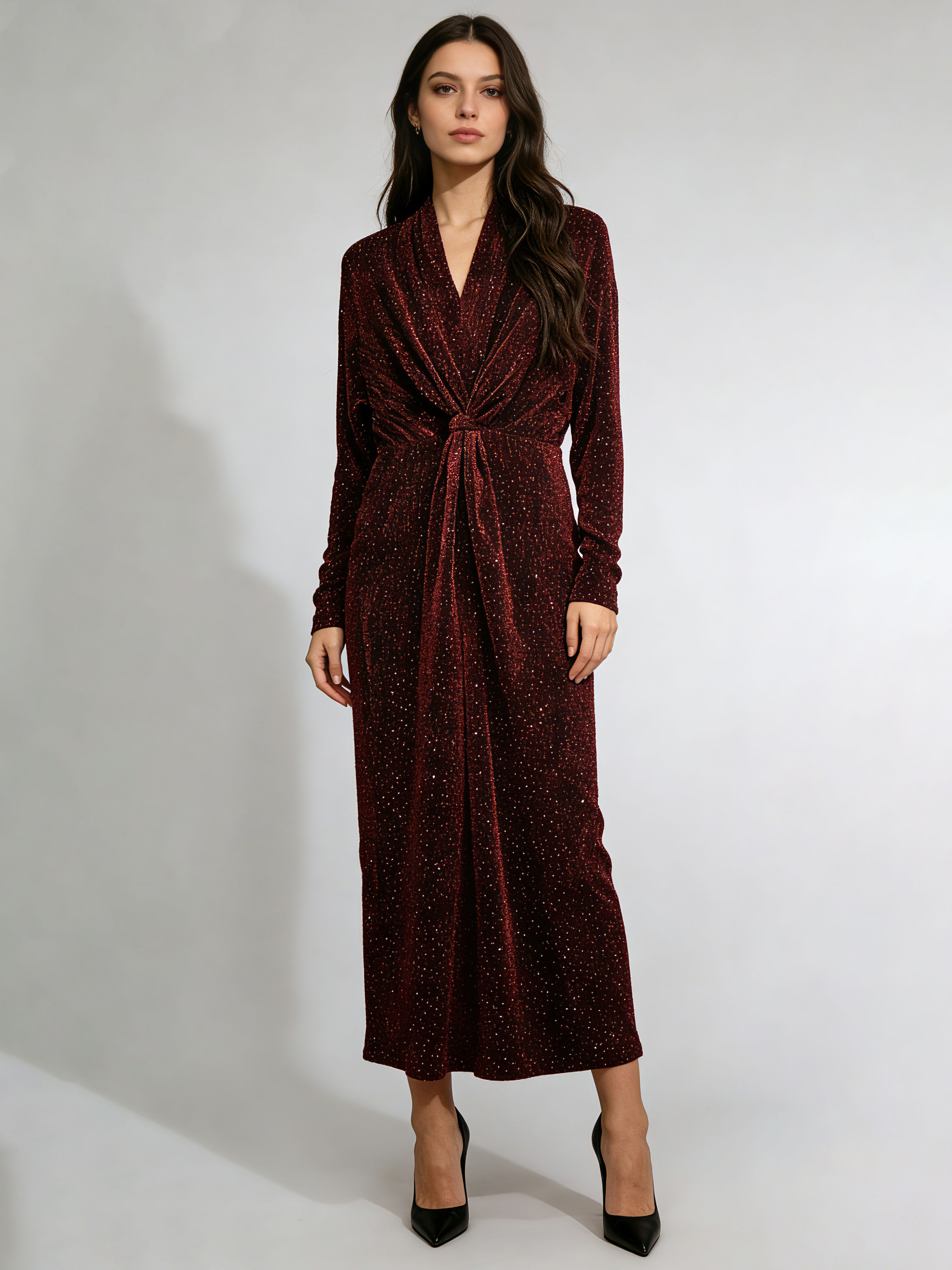 TWOTWINSTYLE Solid V Neck Spliced Sequins Ruched Vintage Dress