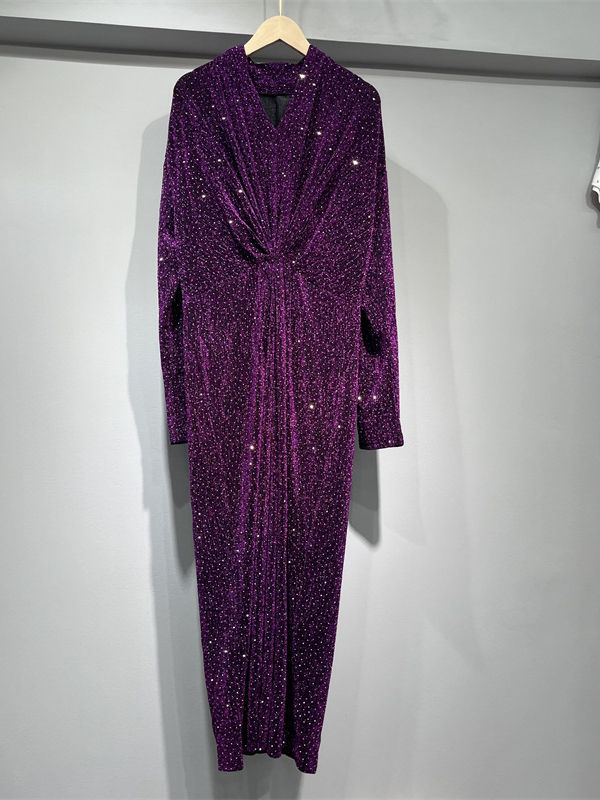 TWOTWINSTYLE Solid V Neck Spliced Sequins Ruched Vintage Dress
