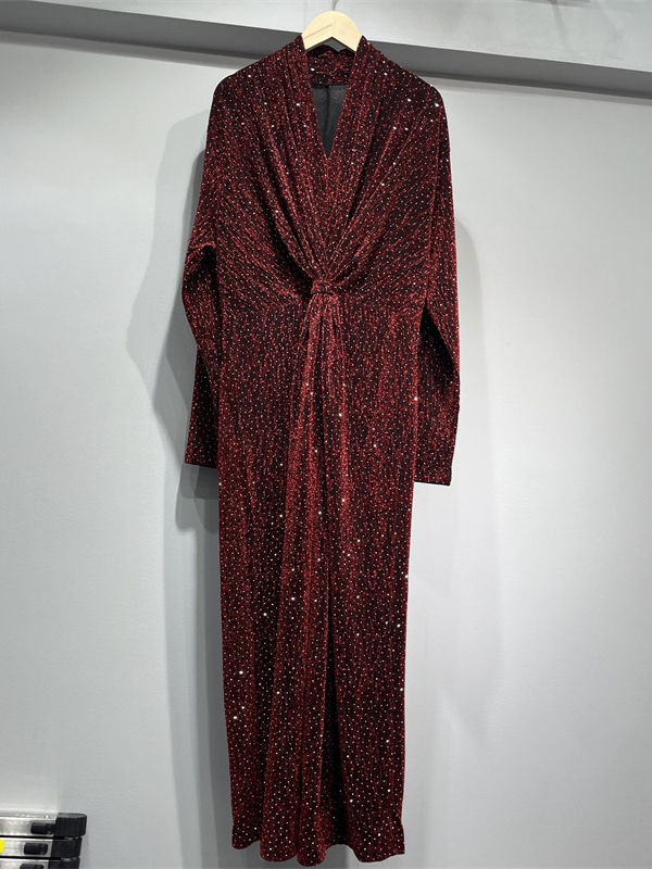 TWOTWINSTYLE Solid V Neck Spliced Sequins Ruched Vintage Dress