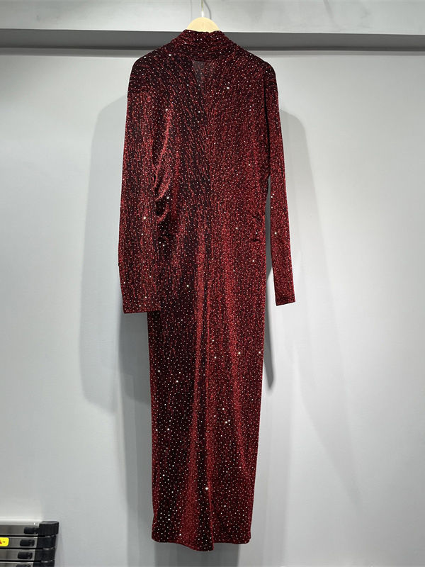 TWOTWINSTYLE Solid V Neck Spliced Sequins Ruched Vintage Dress