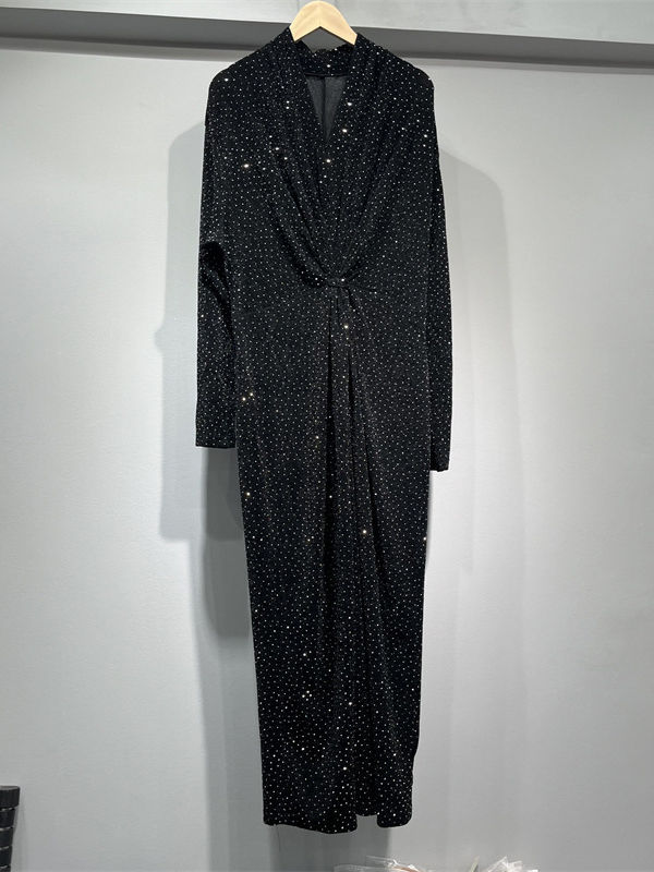 TWOTWINSTYLE Solid V Neck Spliced Sequins Ruched Vintage Dress