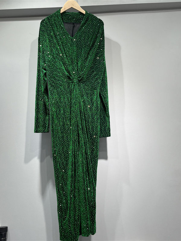 TWOTWINSTYLE Solid V Neck Spliced Sequins Ruched Vintage Dress
