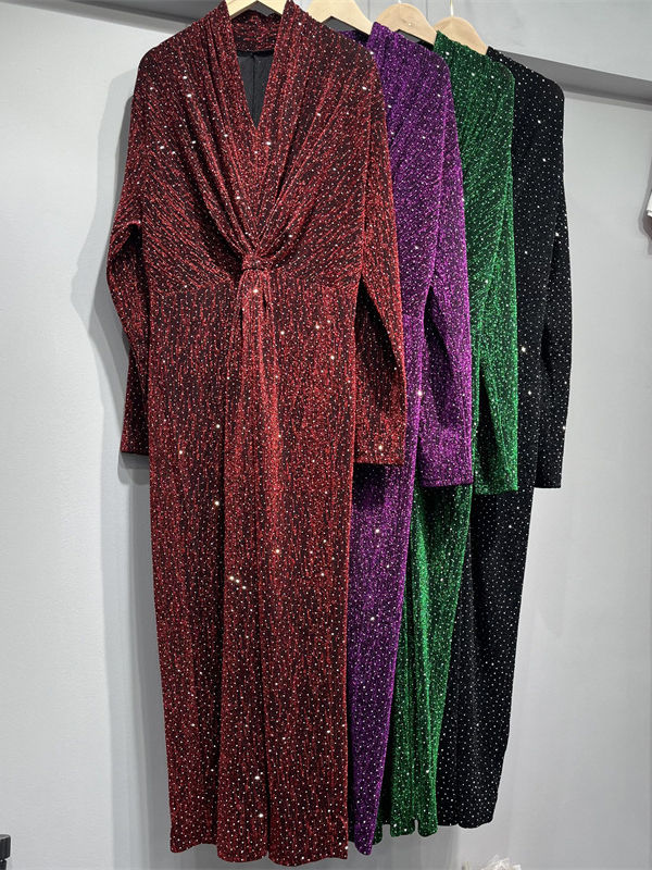 TWOTWINSTYLE Solid V Neck Spliced Sequins Ruched Vintage Dress