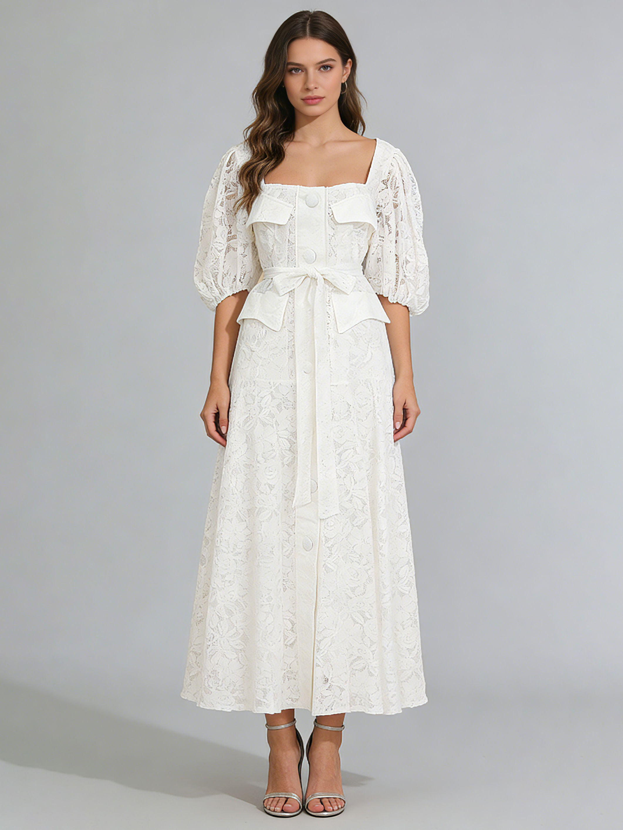 TWOTWINSTYLE Square Neckline Puff Sleeve High Waist Elegant Dress