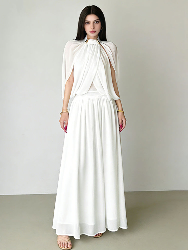 TWOTWINSTYLE Stand Collar Sleeveles Top Solid High Waist Skirt Elegant Set