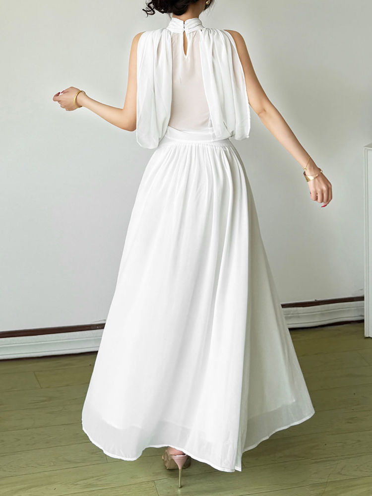 TWOTWINSTYLE Stand Collar Sleeveles Top Solid High Waist Skirt Elegant Set