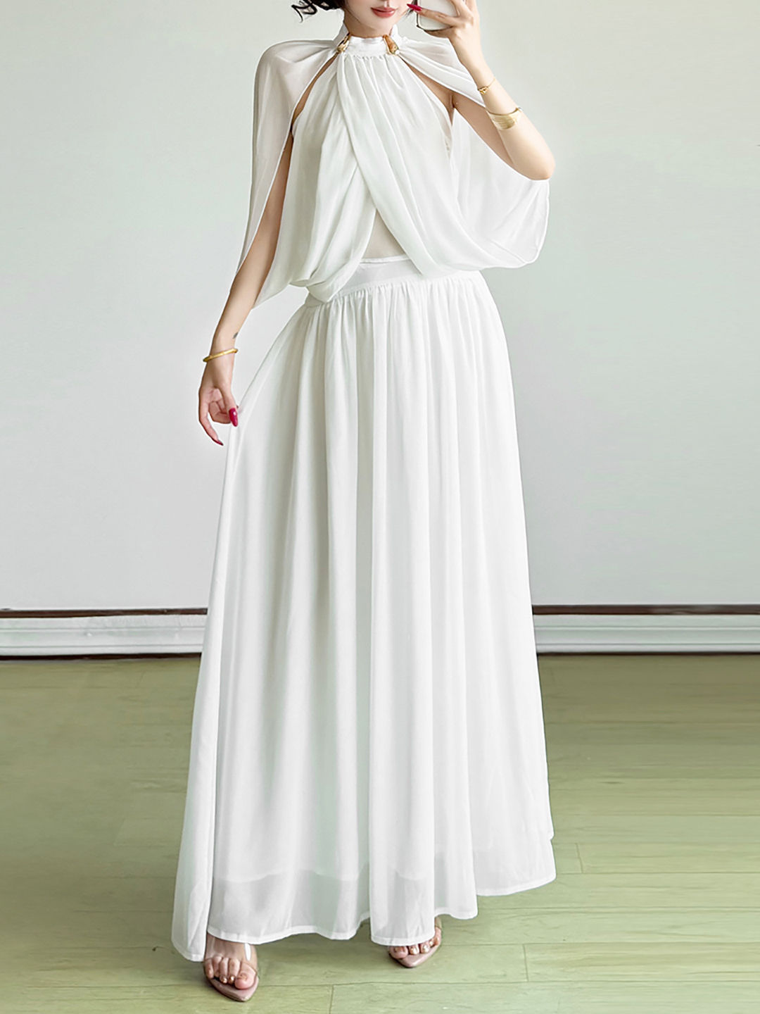 TWOTWINSTYLE Stand Collar Sleeveles Top Solid High Waist Skirt Elegant Set