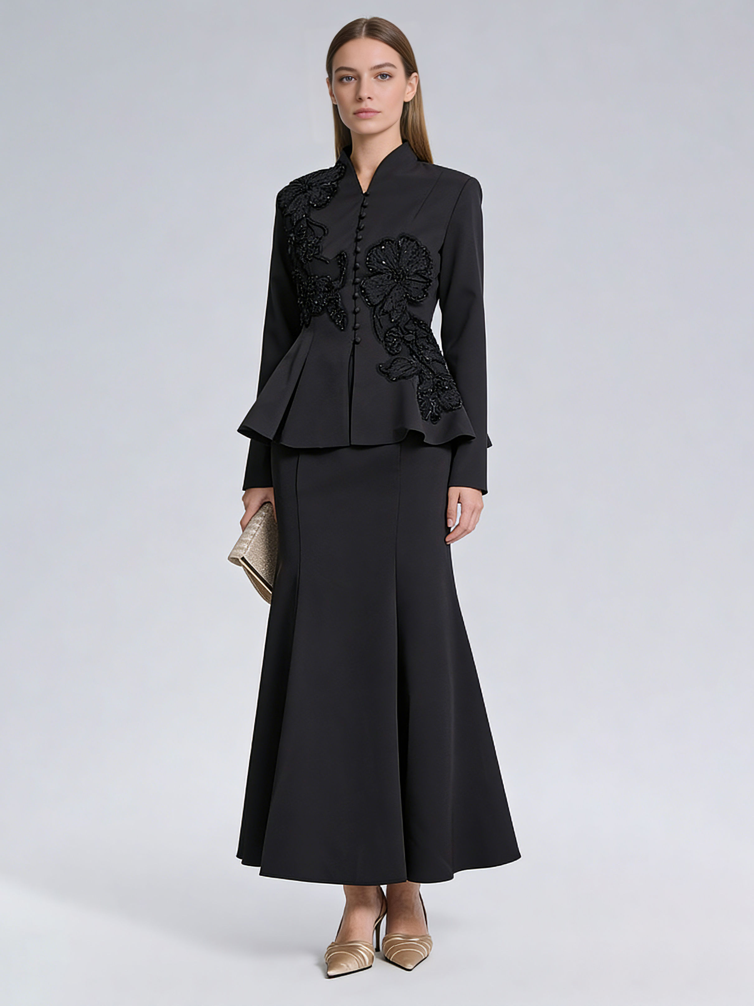 TWOTWINSTYLE Stand Collar Spliced Single Breasted Top High Waist Skirt Elegant Set