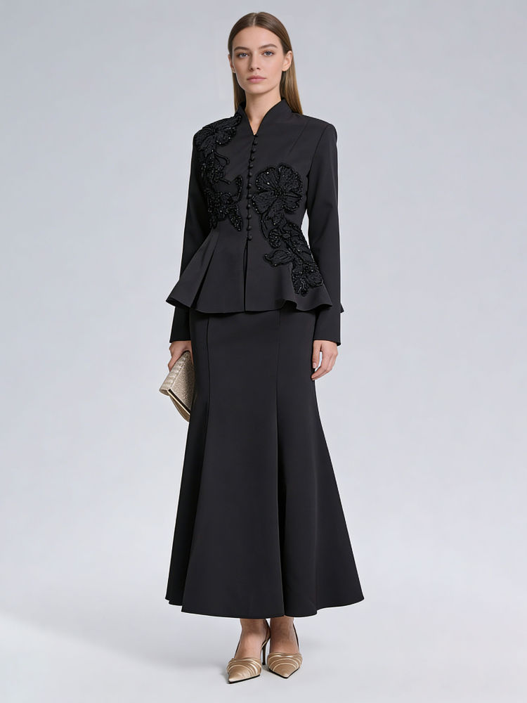 TWOTWINSTYLE Stand Collar Spliced Single Breasted Top High Waist Skirt Elegant Set