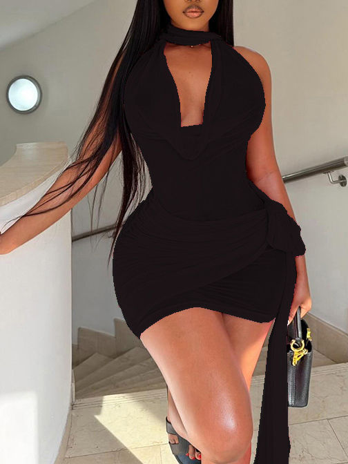 TWOTWINSTYLE V Neck Backless Spliced Lace Up Sexy Dress