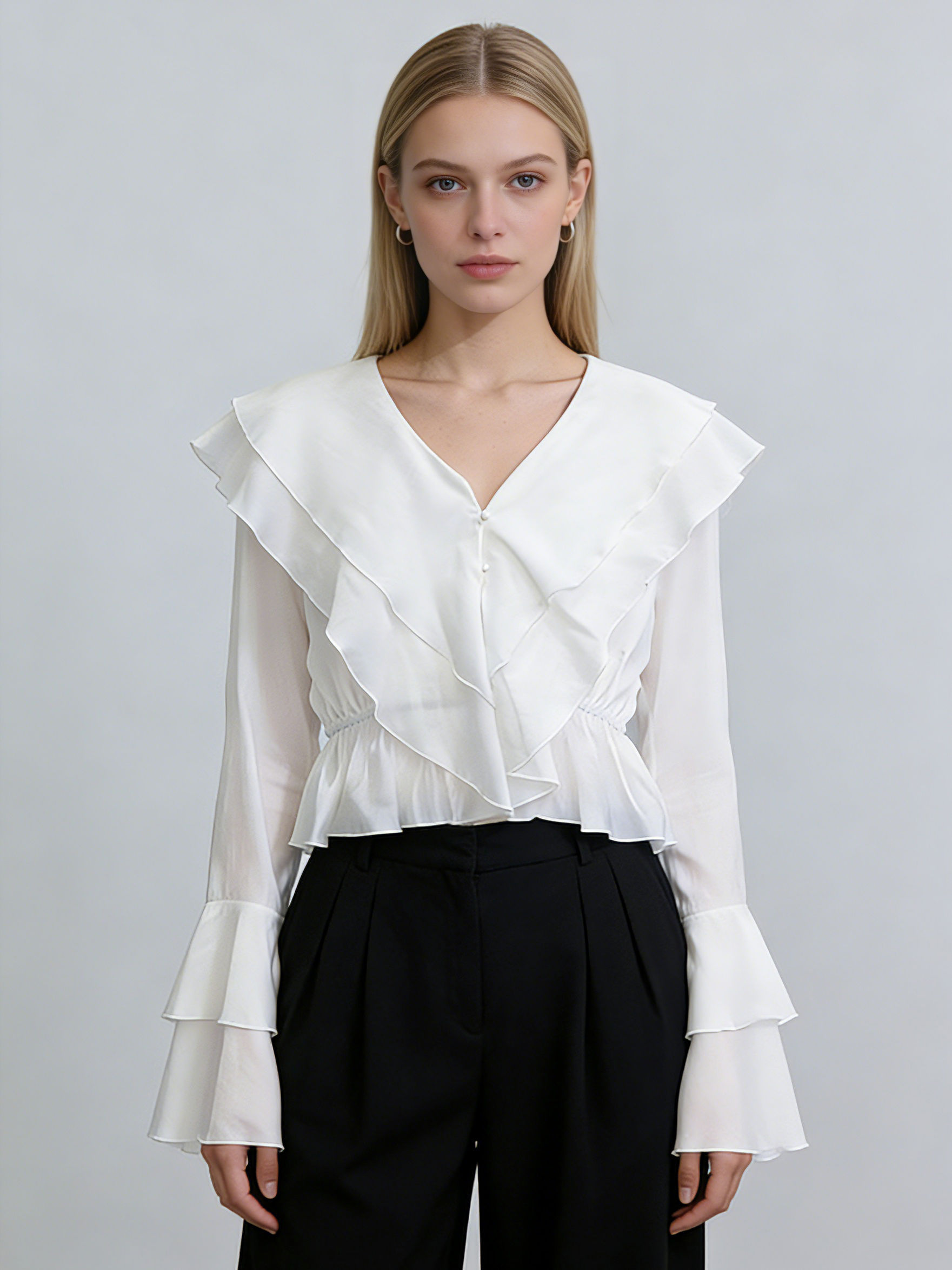 TWOTWINSTYLE V Neck Bell Sleeve Patchwork Ruffles Chic Shirt