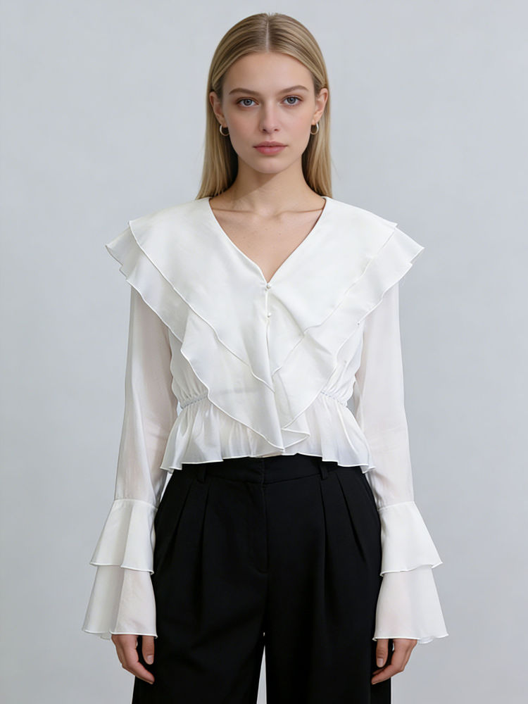 TWOTWINSTYLE V Neck Bell Sleeve Patchwork Ruffles Chic Shirt