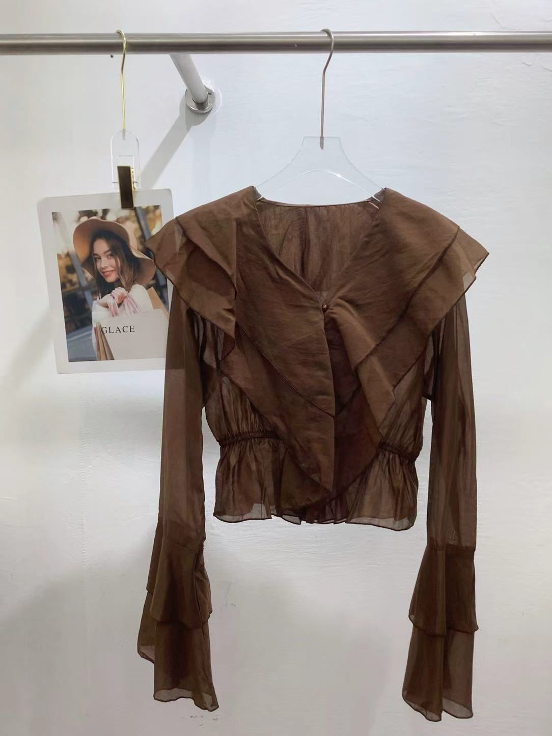 TWOTWINSTYLE V Neck Bell Sleeve Patchwork Ruffles Chic Shirt