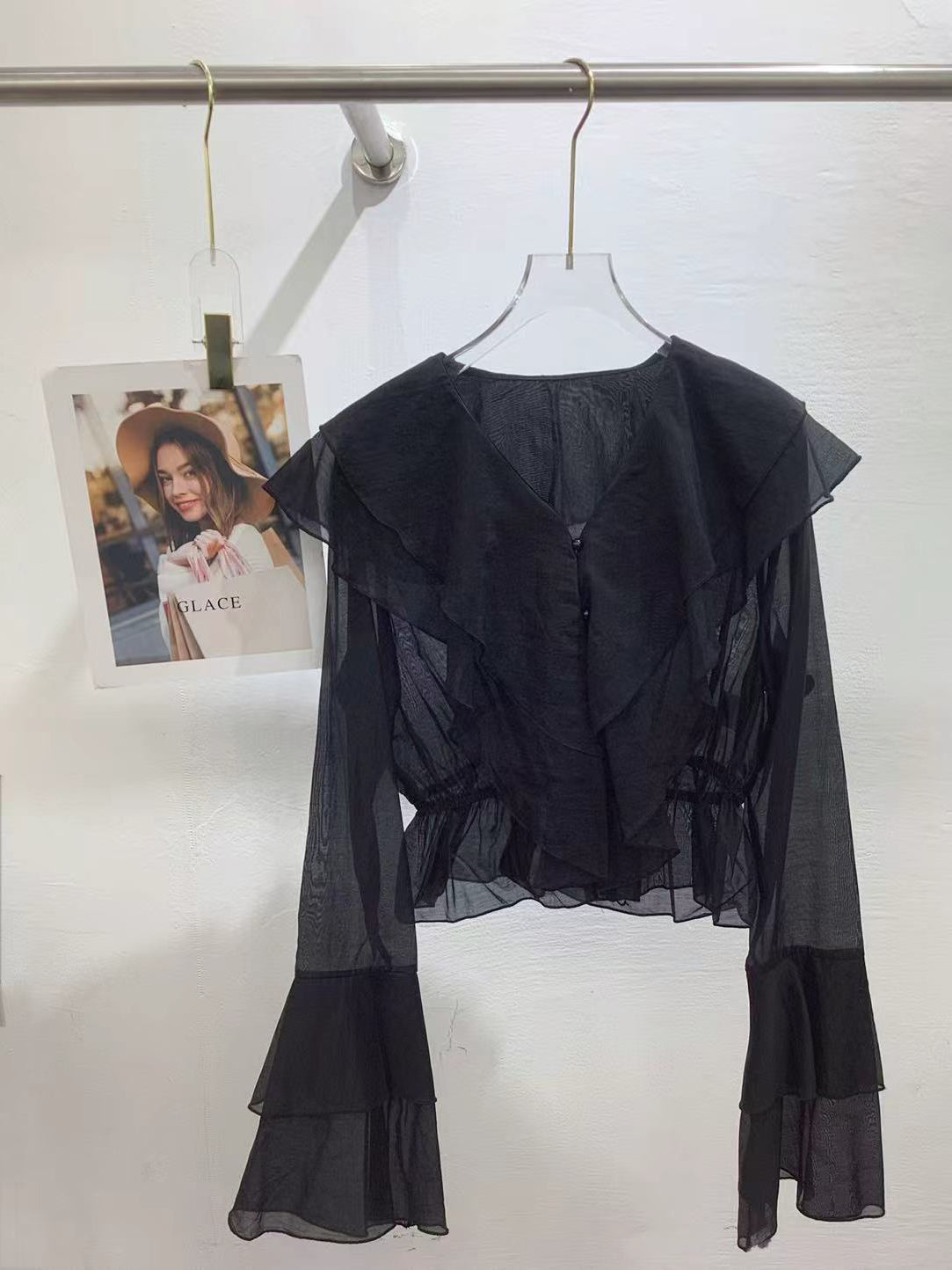TWOTWINSTYLE V Neck Bell Sleeve Patchwork Ruffles Chic Shirt
