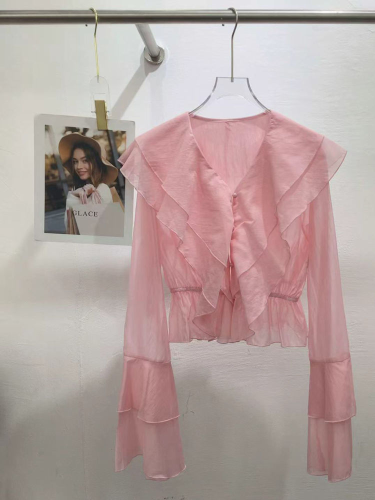 TWOTWINSTYLE V Neck Bell Sleeve Patchwork Ruffles Chic Shirt