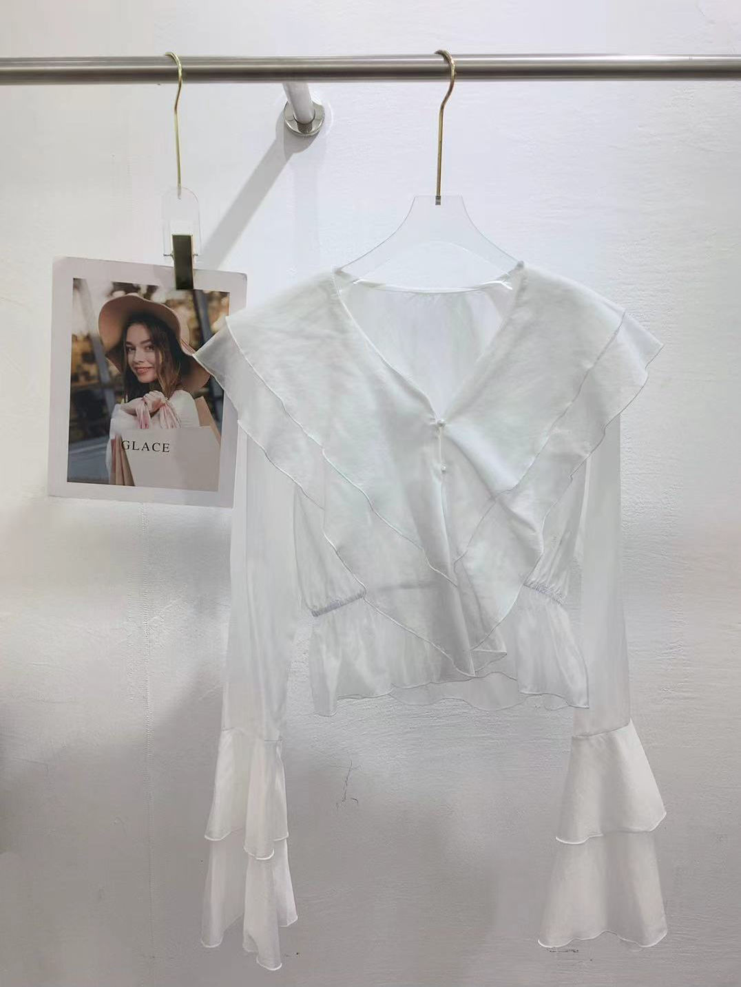 TWOTWINSTYLE V Neck Bell Sleeve Patchwork Ruffles Chic Shirt