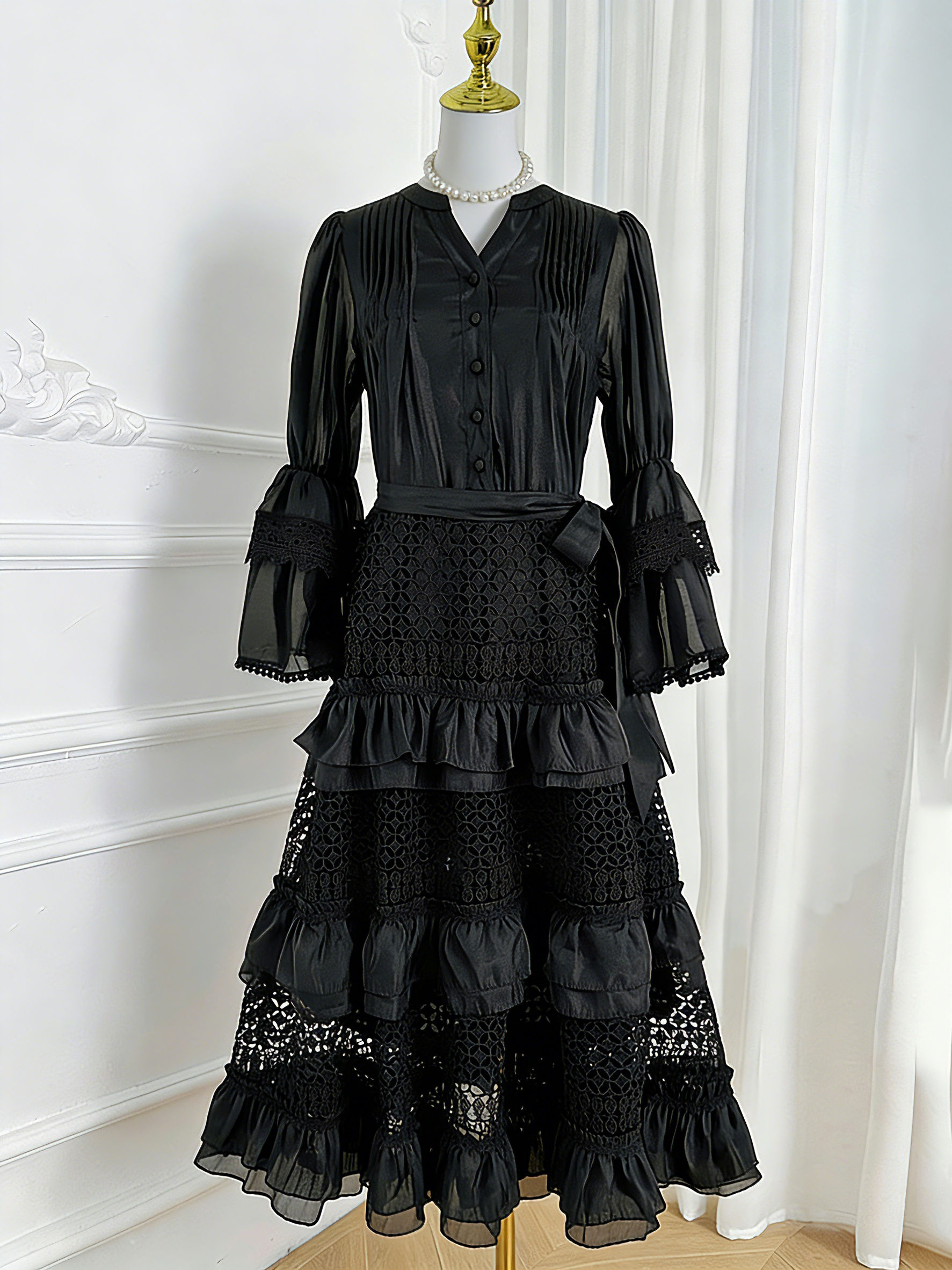 TWOTWINSTYLE V Neck Patchwork Lace High Waist Vintage Dress