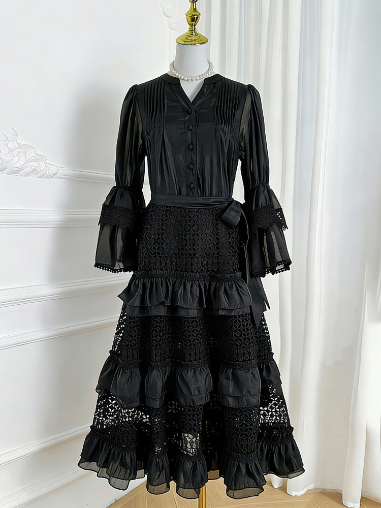 TWOTWINSTYLE V Neck Patchwork Lace High Waist Vintage Dress
