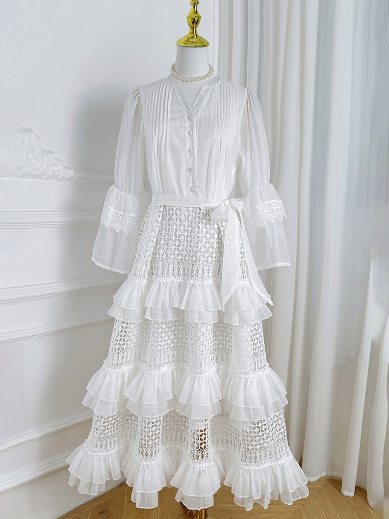 TWOTWINSTYLE V Neck Patchwork Lace High Waist Vintage Dress