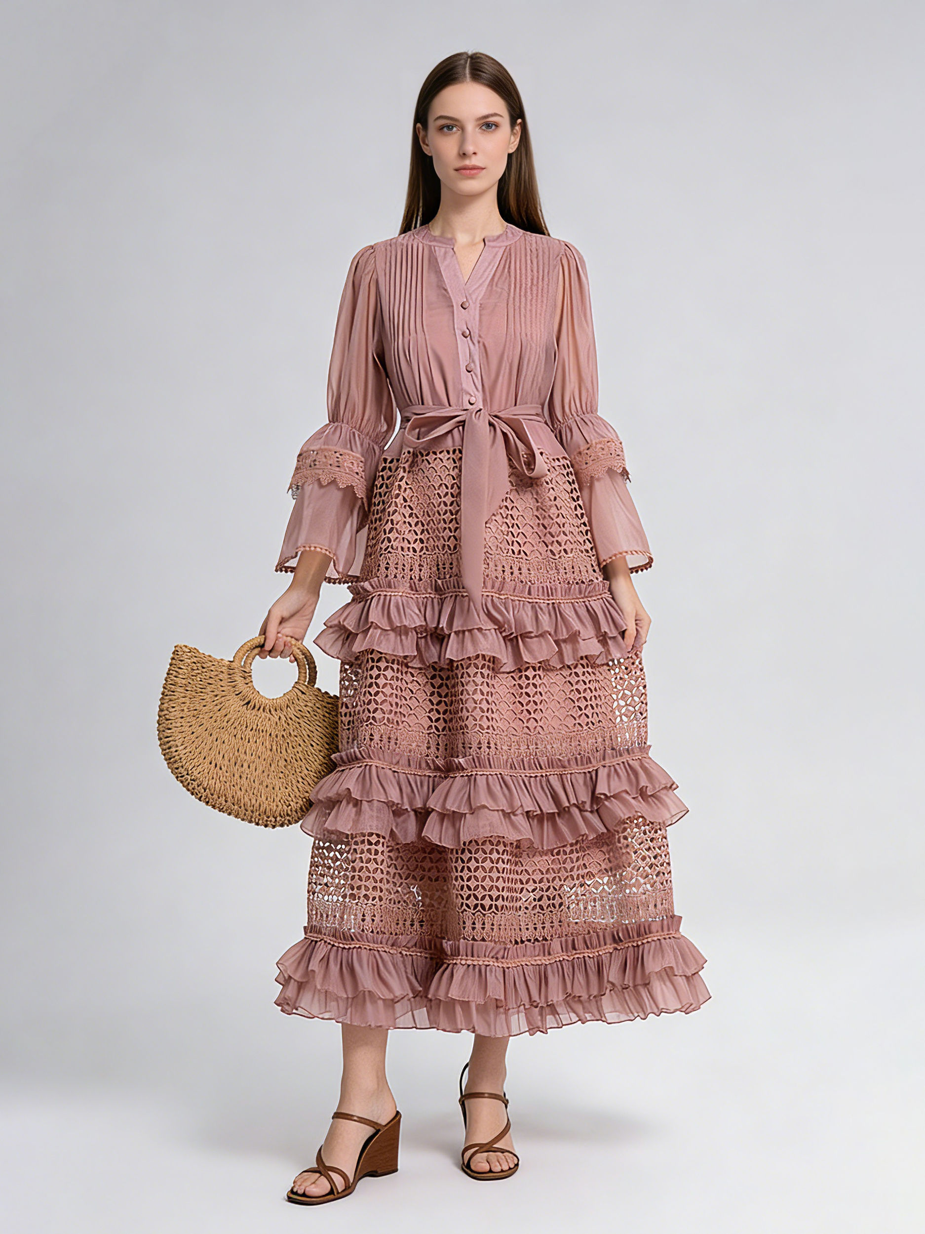 TWOTWINSTYLE V Neck Patchwork Lace High Waist Vintage Dress