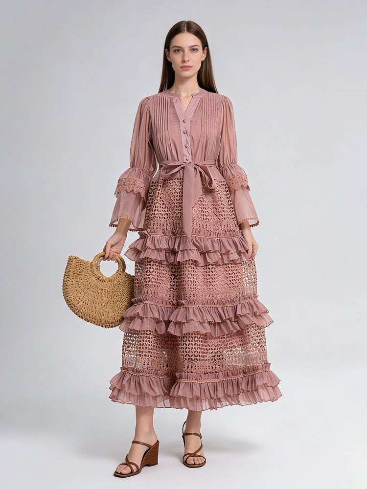 TWOTWINSTYLE V Neck Patchwork Lace High Waist Vintage Dress