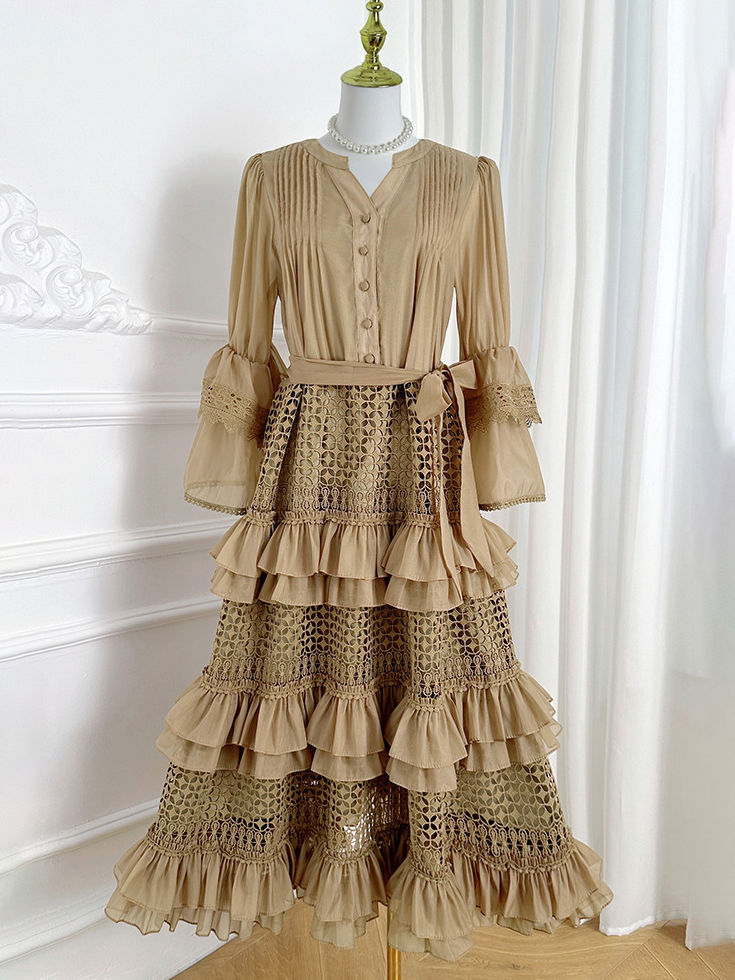 TWOTWINSTYLE V Neck Patchwork Lace High Waist Vintage Dress