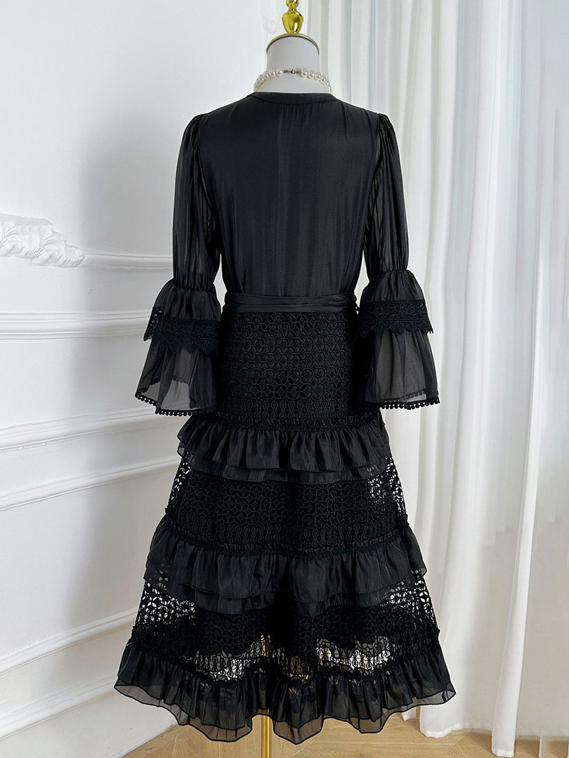 TWOTWINSTYLE V Neck Patchwork Lace High Waist Vintage Dress