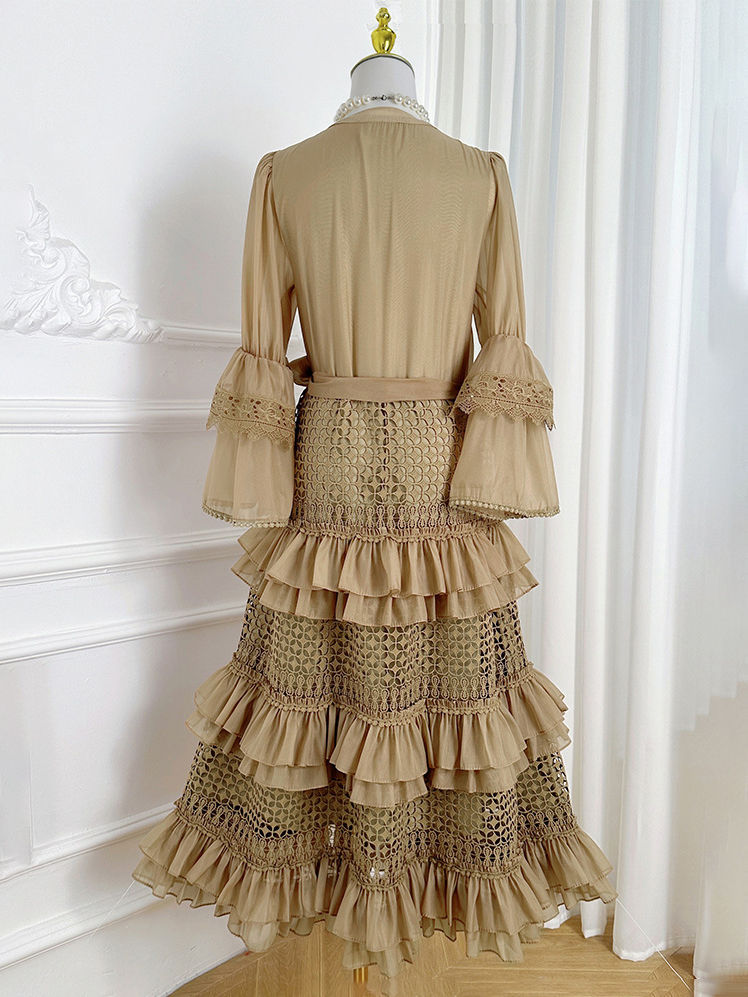 TWOTWINSTYLE V Neck Patchwork Lace High Waist Vintage Dress