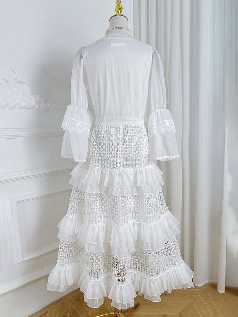 TWOTWINSTYLE V Neck Patchwork Lace High Waist Vintage Dress