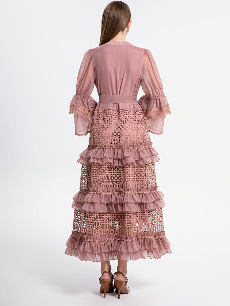 TWOTWINSTYLE V Neck Patchwork Lace High Waist Vintage Dress