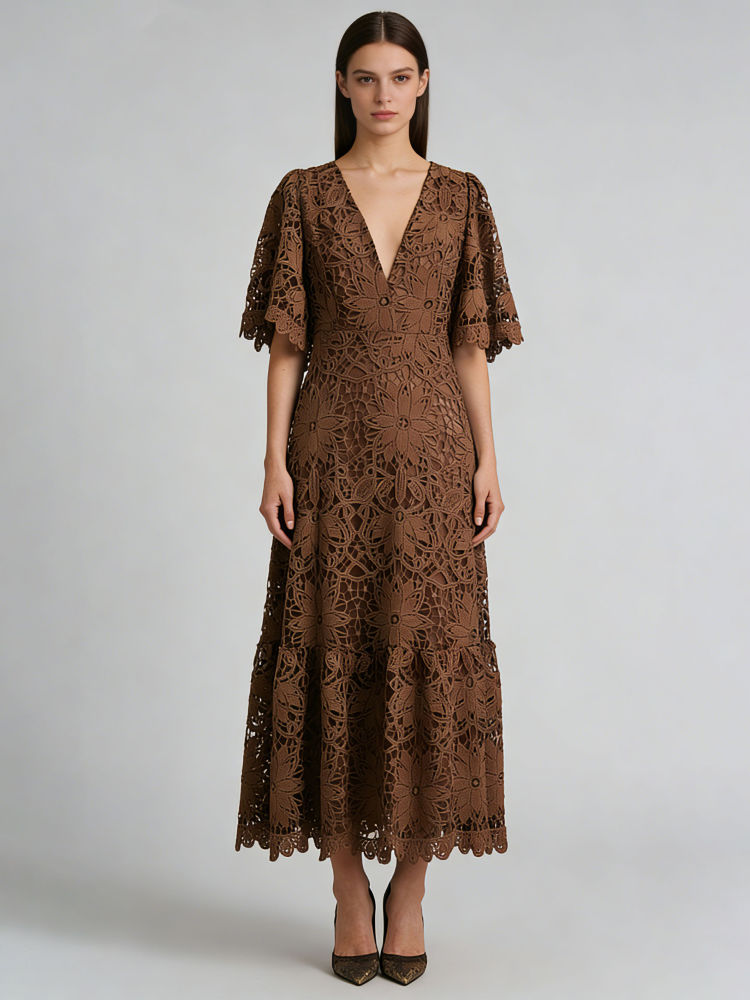 TWOTWINSTYLE V Neck Tunic Patchwork Lace Vintage Dress