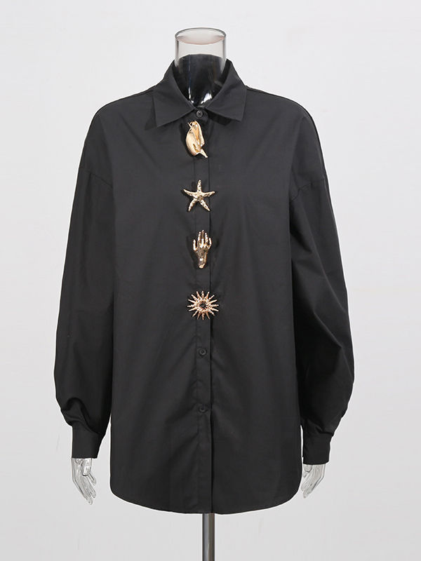 TWOTWINSTYLE Lapel Spliced Metal Jewelry Long Sleeve Casual Shirt