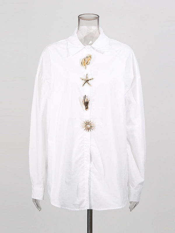 TWOTWINSTYLE Lapel Spliced Metal Jewelry Long Sleeve Casual Shirt