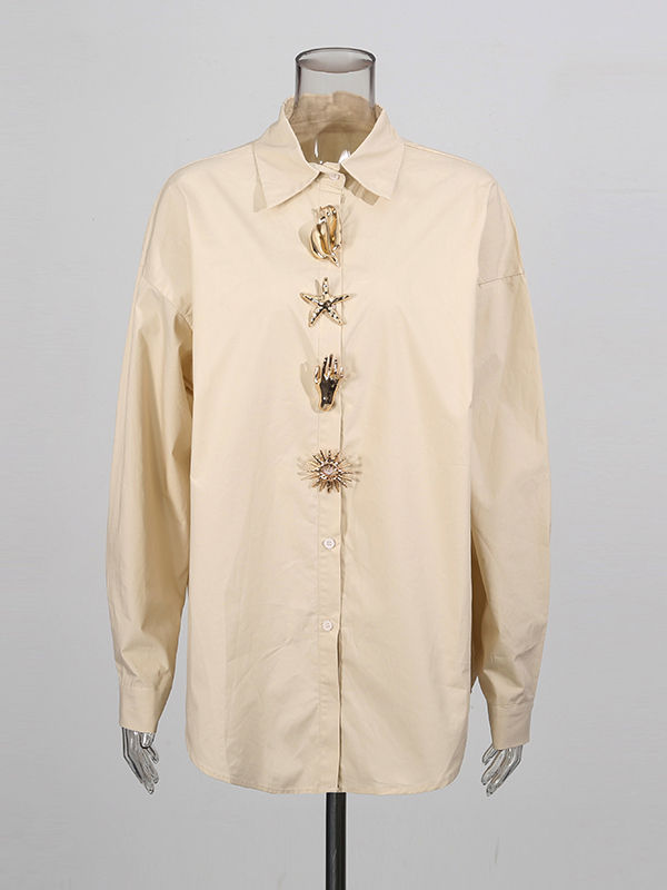 TWOTWINSTYLE Lapel Spliced Metal Jewelry Long Sleeve Casual Shirt